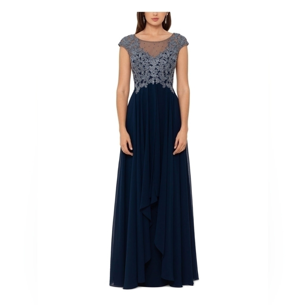 Mother Of bride Groom Dress Navy Lace Gown Cap Sleeve Round Neck 8